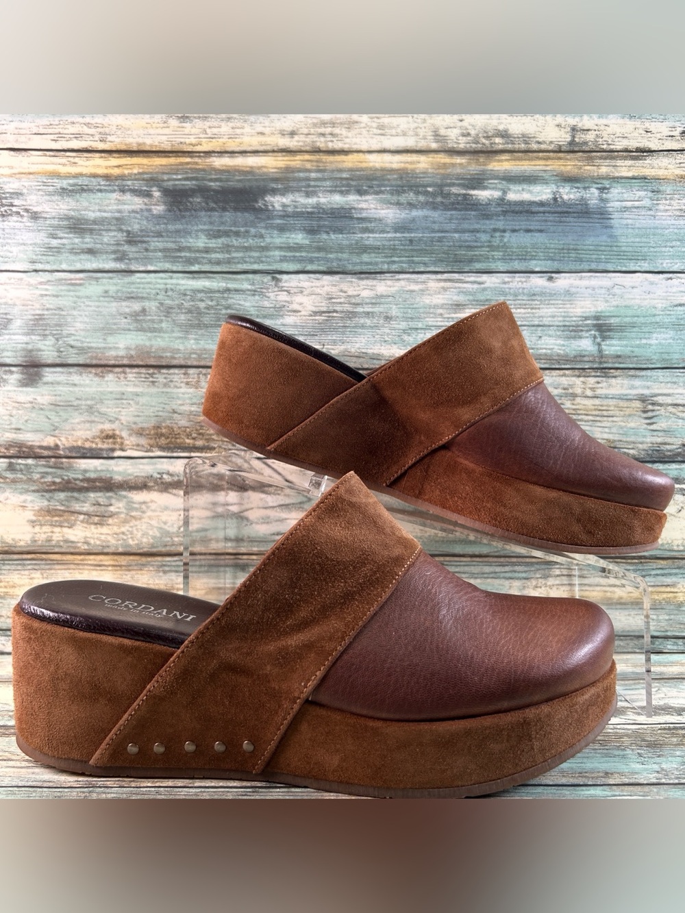 Cordani Camryn Platform Mules Womens 9.5-10 Brown Suede Leather Wedge Shoes READ